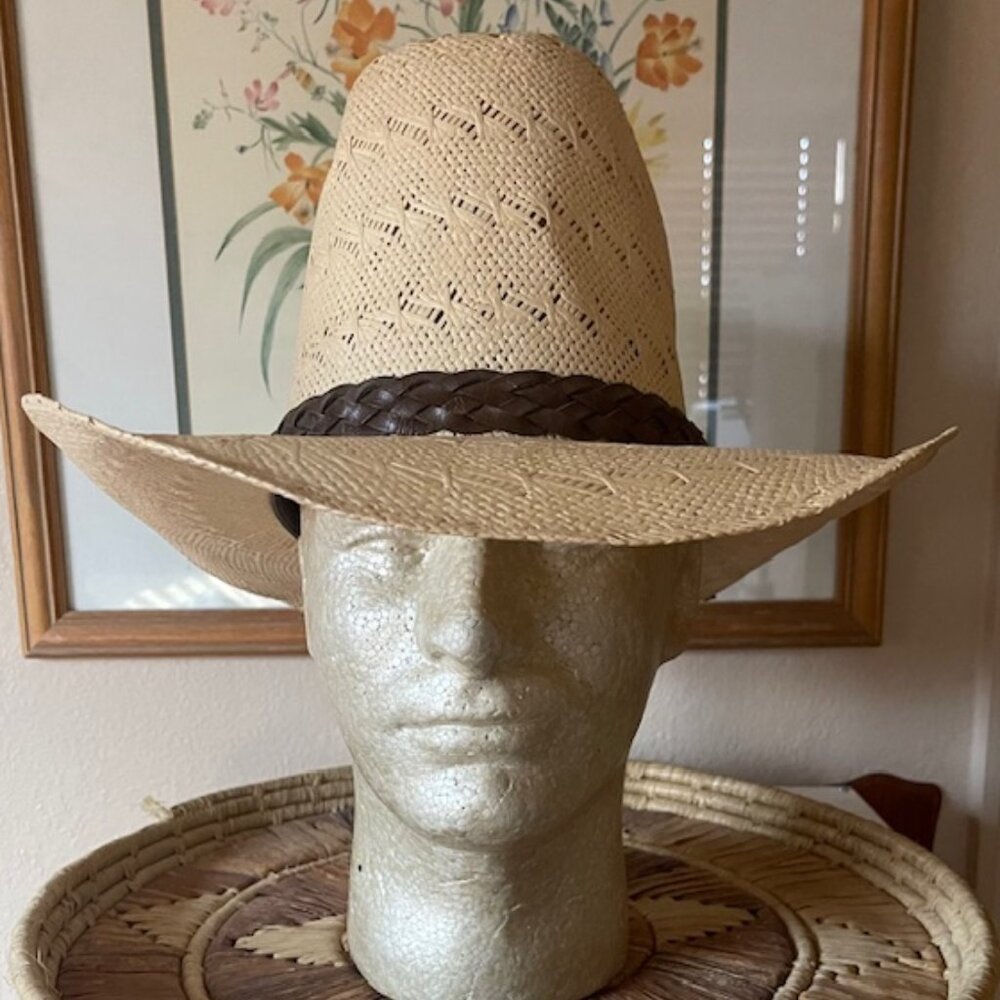 Vintage Men’s Size 7 Artel Tan Cowboy Hat with Brown Leather Band and Strips